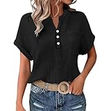 Bluse Damen Sommer Musselin Bluse Damen Leinenbluse Lässige Oberteile Fledermausärmel Gepatchtes Hemd Lässiges Arbeits-T-Shirt früher Black Friday Angebote (schwarz,M)