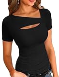 VICHYIE Kurzarm-Shirts für Damen, gerippte Ausschnitt-Oberteile, schmal, figurbetont, Sommer, einteilig, quadratischer Ausschnitt, Pullover, T-Shirt, niedliche T-Shirts, Schwarz, S