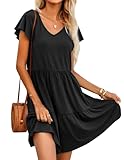 Hotouch Damen Sommerkleider V-Ausschnitt Kleider Strandkleid A-Linie Skaterkleid Einfarbig Elegant Kleider Lang Kleid Kurzarm Knielanges Kleid Partykleid Schwarz M