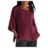 Blusen & Tuniken für Damen Leinenbluse Damen 3/4 Ärmel Tshirt Musselin Bluse Einfarbig Rundhals T-Shirt Sommer Pullover Lockere Shirt Große Größen Oberteile Baumwolle Leinen Tops für Frauen Lässig