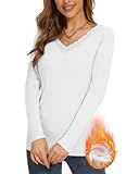SERSARY Thermoshirt Damen Langarm Top mit Spitze Elegant Thermo Langarmshirt Eng Thermal Shirt V-Ausschnitt Einfarbig Thermounterhemd Damen,Weiß,S