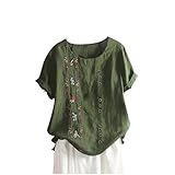 Tshirt Damen Sommer Baumwolle Leinen Bluse Mode Kurzarmshirt mit Stickerei Elegant Rundhals Einreihiges Leinenhemd Sommer Casual Locker Oberteile Leicht Atmungsaktiv Blusen Lässig T-Shirt Top