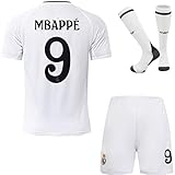 KISRAS R.Madrid Mbappe #9 2024/2025 Heim Trikot Shorts und Socken Kinder und Jugend Größe (Weiß,16)