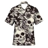 Generico Herren-Sommerhemd, lustig, Hawaiianischer Stil, Ebenholz mit Totenkopfdruck, kurzärmelig, tropisch, Sommer, Strand, Button Down, Bier, Halloween, Gothic, Hawaiihemd, Grau, L