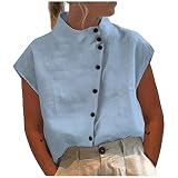 Outlet leinen Damen Oberteil Damen Bluse Sommer Damen Hemden lässig Einfarbig Baumwoll Leinen Stehkragen Kurzarm Button Down Musselin Tunika Hemd Damen netzoberteil (Hellblau, XL)