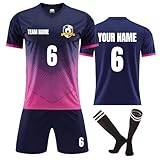 Faletony Personalisiertes Fussball Trikot Kinders Erwachsene Fusstball Shirt & Shorts Set mit Name Nummer Team Logo Fußballtrikot für Kinder Männer Jungen (Polyester, Saphirblau)