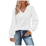 Festliche Oberteile Damen, Tunika Damen Langarm Puffärmel Blusenshirt Elegant Boho Bluse V Ausschnitt Weiß Spitzenbluse Party Outfit Oberteil Weiss L