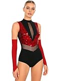 RUNQHUI Damen Tanzbody Sport Turnanzug glänzenden Ballett Trikot Tanz-Body Mesh Patchwork Bodysuit mit Handschuhe Trikotanzug Tanzkostüm Rot XL
