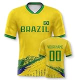 Yolovi Brasilien Personalisiertes Fussball Trikot 3D Druck Football Shirt mit Ihrem Namen und Nummer Hip Hop Football Jersey für Herren Damen Kinder, Small-6X-Larg