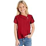 Dmmtot Sommer-Tops für Mädchen und Kinder, trendig, lässig, kurzärmelig, asymmetrisch, V-Ausschnitt, Ösen, Knöpfe, schmale Passform, einfarbig, leicht, atmungsaktiv, Schulalter 6–16 Jahre, #01red, 12