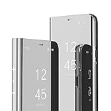 LEMAXELERS OPPO Find X2 / Find X2 Pro Hülle,OPPO Find X2 Hülle Schutzhülle Spiegel Makeup Plating Überzug Flip PU Leder im Bookstyle Hart PC Standfunktion Etui Hüllen für OPPO Find X2,Silver Mirror PU
