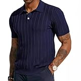 Strickwaren Herren Einzigartig Aushöhlen Design Gestrickter Tops Temperament Vintage Kurzarm Casual Weich Atmungsaktiv Mode T-Shirt I-Dark Blue XXL