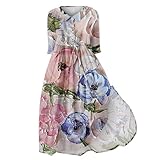 KonJim Damen 2024 Boho-Kleid, Blumenmuster, kurzärmelig, Knopfleiste, lässig, Sommer, Strand, fließendes Kleid, niedliches Babydoll-Kleid, Übergröße, A-Linie, Tunika-Kleid, Strandkleid, P, 3XL