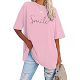 Tshirt Damen Oversize - Einfarbig Smile Druck Tshirt, Sport Lässig Tshirt Pullover Baggy Frühling Sportshirt Oberteil Longshirt Blusen V Ausschnitt Party Top Longb