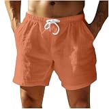 Dmmtot Herren Leinen Shorts Sommer Strand Urlaub Kurze Hose Baumwolle Leinen Kordelzug Elastische Hose mit Taschen Einfarbig Klassische Passform Kleidung, Orange, XL