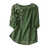 Leinenbluse Damen Sommer - Stickerei Bluse Bohemian Musselin Tshirt Retro Große Größen 3/4-Arm Oberteile mit Stickerei Muster Leinenhemd Baumwolle Leinen Lässig Tunika Locker Boho Tops Tunik