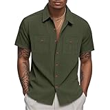 Kurzarm Herren Leichte Komfortabel Atmungsaktiv Casual Shirt Regular Fit Mode Leinenhemd Temperament Trend Klassisch Knopfleiste Hemd E-Army Green 3XL