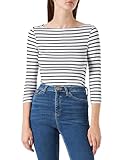 Amazon Essentials Damen T-Shirt mit Bateau-Ausschnitt und 3/4-Ärmeln in schmaler Passform, Weiß Streifen, S