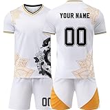 Generisch Personalisiertes Fußballtrikot für Kinder 2025 2026 Football Strips Trikot Heim-Fußballtrikot-Set Tshirts Shorts und Socken Knieschoner Sportanzug Fußballtrikot-Set mit DIY Nummer Name 04