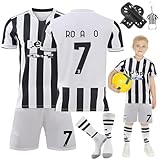 Fussball Trikot Kinder Set, #7 Heimtrikots/Auswärtstrikots Trikot Jungen,Fussball T-Shirt Shorts, Football socken, Knieschützer Set und Fußbälle Jersey Schlüsselanhäng