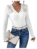 GORGLITTER Damen Elegant Oberteile Langarm Blusenshirt mit Spitze Stickerei Blusentop Casual Oberteil mit V Ausschnitt Spitzenshirt Weiß S