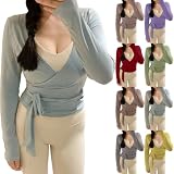 Yoga Shirt Damen Langarm Wickeloptik Oberteile Elegant Einfarbig V-Ausschnitt Langarmshirt Eng Y2k Bluse Slim Fit Cropped Tee Shirts Streetwear Sport Oberteil Casual Athletisches Tunik