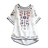 Vintage Bluse Damen Baumwolle Leinen Tshirt Boho Stickerei Besticktes Pullover Sommer Rundhals Oberteile Große Größen T-Shirt Unregelmäßiger Saum Tunika Locker Shirt Tee Tops Blusentops für F