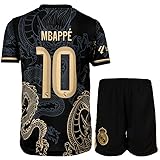 KISRAS R. Madrid Mbappe #10 Retro Goldener Schwarzer Drache Limitierte Sonderedition Fußball Kinder Trikot Shorts Set Jugendgrößen (Schwarz,164)