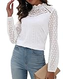 Hount Blusen für Damen Elegant Spitzen Langarmshirt Sexy Oberteile mit Rücken Knopfleiste (M, Weiß)