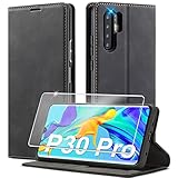 Nshkeji Handyhülle für Huawei P30 Pro Hülle Leder [1Stück Panzerglas] [Premium PU Leder] Klappbar 360 Grad Stoßfeste Flip Standfunktion Schutzhülle Case Pro, black