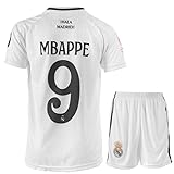 KISRAS R. Madrid Mbappe #9 Heim 2024/2025 Fußball Kinder Trikot Shorts Geschenk Set Jugendgrößen (Weiß,164)