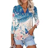 Tshirt Langarm Damen Pullover Elegant Frauen Shirt Damen 3/4 Arm Elegante Damen Bluse Mit V-Ausschnitt,3/4-Ärmel, Florales Design,Lässig,Für Frühling Und Sommer （Blau，L）
