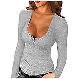 Briskorry Damen Langarmshirt Elegant Tops Langarm Slim Shirt V-Ausschnitt Basic Oberteile Einfarbig Oberteil Tunika Herbsttop Mode T-Shirts Bluse Basicshirt Streetw
