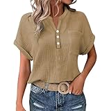 Bluse Damen Sommer Musselin Bluse Damen Leinenbluse Lässige Oberteile Fledermausärmel Gepatchtes Hemd Lässiges Arbeits-T-Shirt Angebot des Tages blitzangebot (Khaki,5XL)