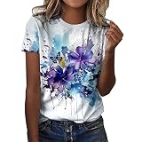 Oberteile Sommer Tshirt Damen Kurzarm Batik Bunte Blumen Drucken T-Shirt Bluse mit Rundhals Tee Tops Teenager Mädchen Tunika Shirt T Shirts Longbluse für Frauen,Lila,XL