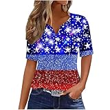 Keepink Damen-Oberteil, Knopfleiste, V-Ausschnitt, kurzärmelig, Patriotischer Unabhängigkeitstag, Druck, Damen-Top, 4. Juli, Shirt, Vintage, elegant, lässig, Blusen, Tunika, T-Shirts, Festival-O