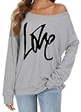 Damen Bluse Bedruckt Trägerlos Sweatshirt Langarm Pullover Off Shoulder Top Oversize Shirt (Grau, 2XL)