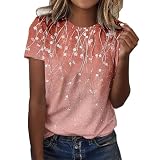 Tshirt Damen Lässige Blumen Blattmuster Oberteile Modisches Farbverlaufs Druck T-Shirt Sommer T Shirts Rundhals Kurzarm Basic Tops Regular Fit Bluse Shirt Sommershirt Sport Standtunika Streetw