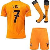 HUSSATEX R. Madrid 2024/2025 Vini #7 Auswärtstrikot Auswärt Kinder Fußball Trikot & Shorts mit Socken Geschenk Set Jugendgrößen (Orange,26)