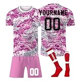 Generisch Personalise Fußball Trikot Herren Football Spieltrikot Jersey Shorts Socken 3 Teilig Trainingsanzug Individuelles Fußballtrikot Atmungsaktiv Sportanzug Erwachsener Kinder 2-Hot Pink