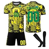 Personalisiertes Trikot Fussball Jungen, Brasilien Fußball Trikot Kinder Football Trainingshirt Jersey, Heim/Auswärtstrikot Fussball Trikot mit T-Shirt Shorts und Socken S