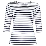modAS Bretonisches Damenshirt mit 3/4-Arm - Streifenshirt Ringelshirt Basic Shirt Gestreift aus Baumwolle in Weiß/Blau Größe 44