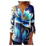 Shirt 3/4 Arm Damen V-Ausschnitt Blumen Bedruckt Dreiviertelarm Shirt Plissee a Linien Ausgefallene Bluse Trompetenärmel Tunika Bluse Blusenshirt Elegante Oberteile Casual Shirt Trachtenb