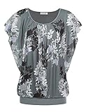 BAISHENGGT Damen Sommer Netz Bluse Flatter Kurzarm Tshirt Rundkragen Falten Elegant Oberteile Top Blusen Grau-blätter L