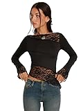 Haibang Langarmshirt Damen Eng Spitzen Patchwork Oberteile Langarm Asymmetrische Sheer Lace T-Shirt Slim Fit Y2K Crop Tops Boot-Ausschnitt Longsleeve Spitze Sexy Pullover Aesthetic Clothes Streetw