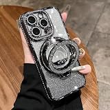 JZFDCLF Ständerhalter-Abdeckung für iPhone 16 Pro 15 14 13 12 11 Glitter Diamond Quicksand-Hülle für iPhone 16 Pro Max Objektivfolienhüllen, Schwarz, Für iPhone 13 ProMax