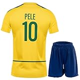 PraiseLight Brasilien Limitierte Pele Heim Fußball Kinder Trikot Auflage Shorts Set Nostalgie Jugendgrößen (Gelb 10, 128 (4-5 Jahre))