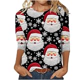 Lustiges Weihnachts-Top für Damen, Weihnachts-T-Shirt, 3/4-Ärmel, Weihnachtsmotiv, Rundhalsausschnitt, lässig, Herbst, Winter, Pullover, Weihnachtsmann, Oberteil, Bluse, Schwarz , 38