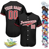 Individuelles Baseballtrikot, personalisierbar, Baseball-Shirts für Herren, Damen, Kinder, Druck, Namennummern, Button-Down-Sportuniform, Schwarz-Rot-Größe 5, S-4XL