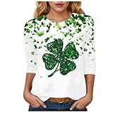Tshirt Damen Langarm, St. Patrick's Day Damen Shirt 3/4 ärmel Rundhals Oberteile Kleeblatt Drucken Pullover Damen Elegant T-Shirt mit Herz Muster Sommer Casual Locker Sweatshirt Top